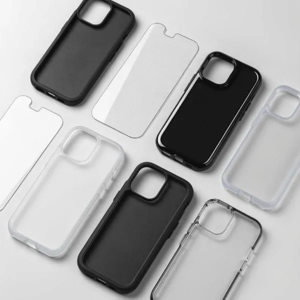 Imagem ilustrativa: capas de celular e películas de vidro em tons de preto, branco e cinza
