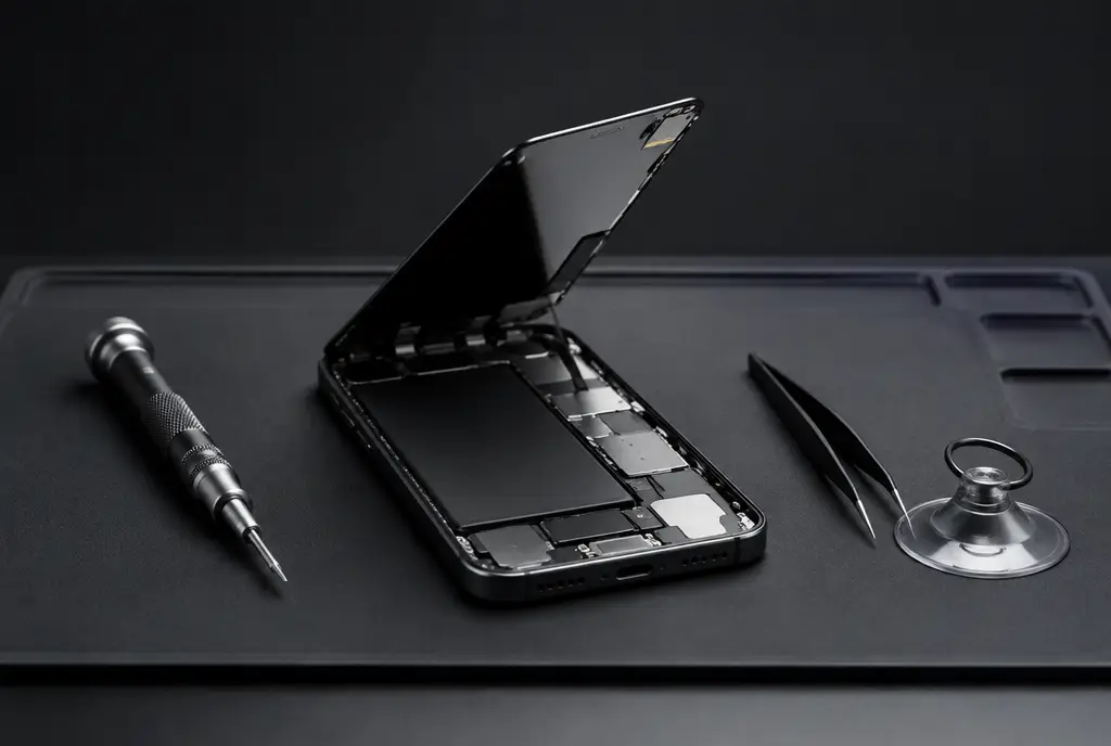 Imagem ilustrativa: celular aberto com ferramentas de reparo de tela