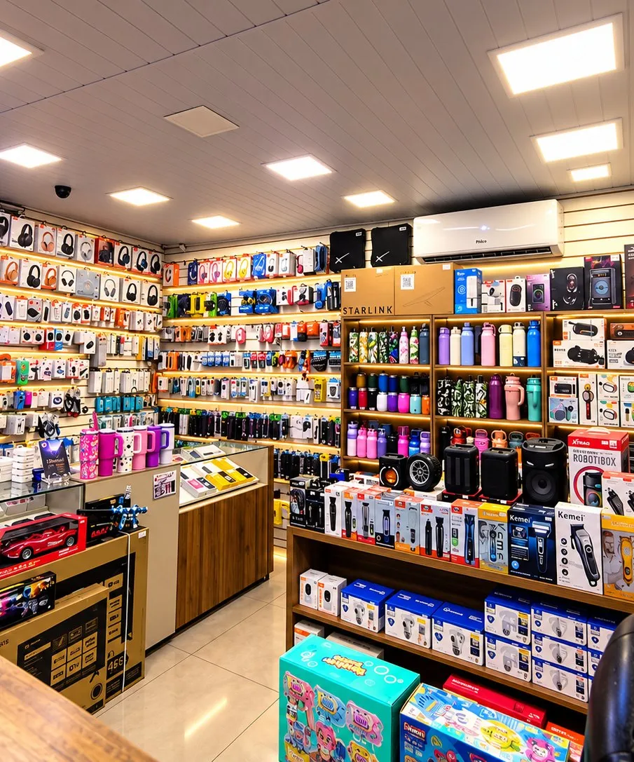 Interior da Dyone Celulares, com paredes de fones, capinhas e acessórios