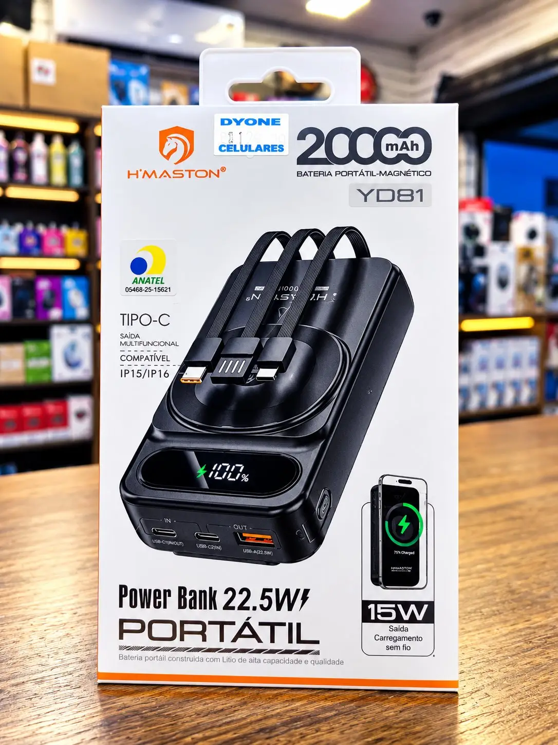 Power bank magnético de 20.000 mAh com a etiqueta da Dyone Celulares